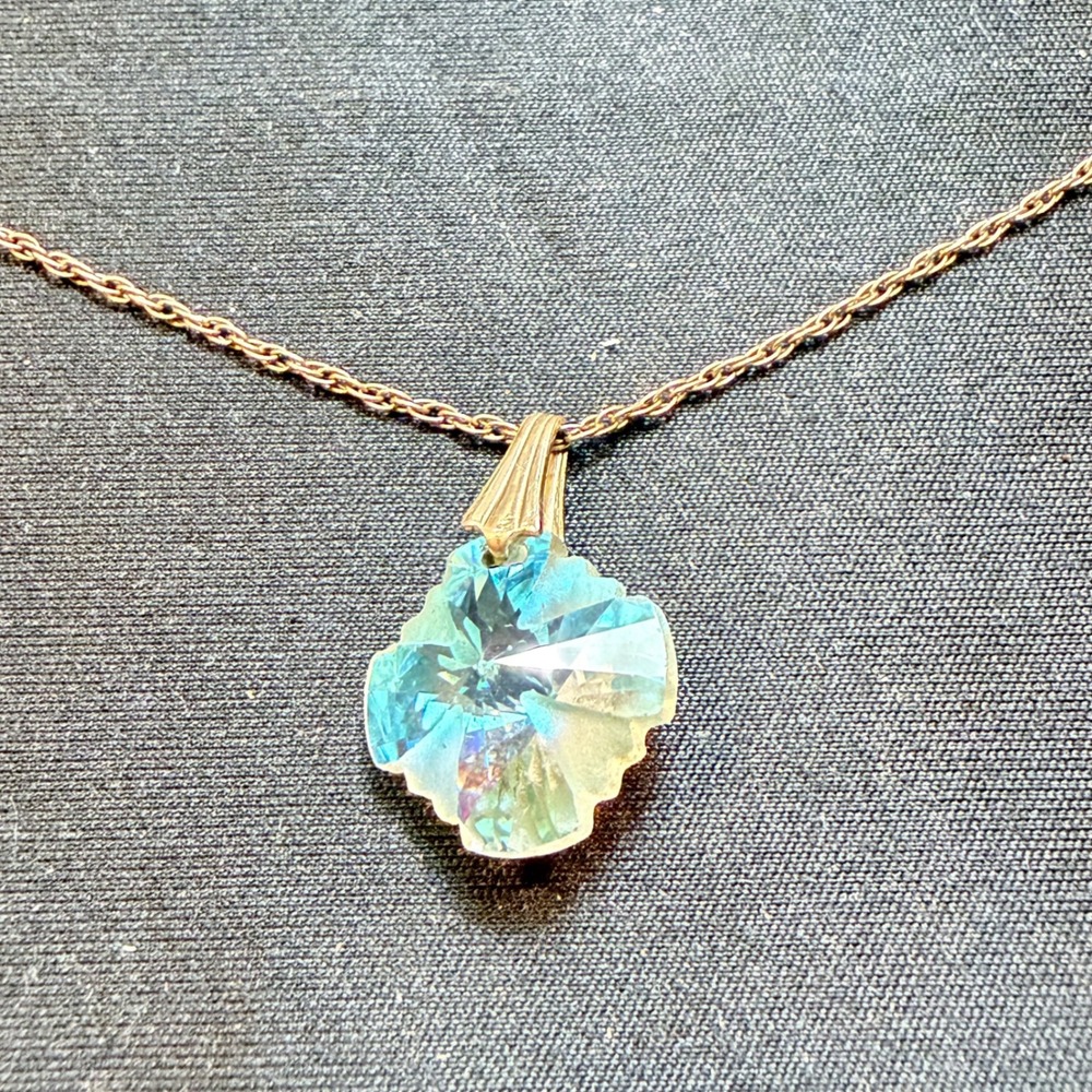 Iridescent Blue Crystal Pendant Necklace Gold Tone Chain Hallmarked